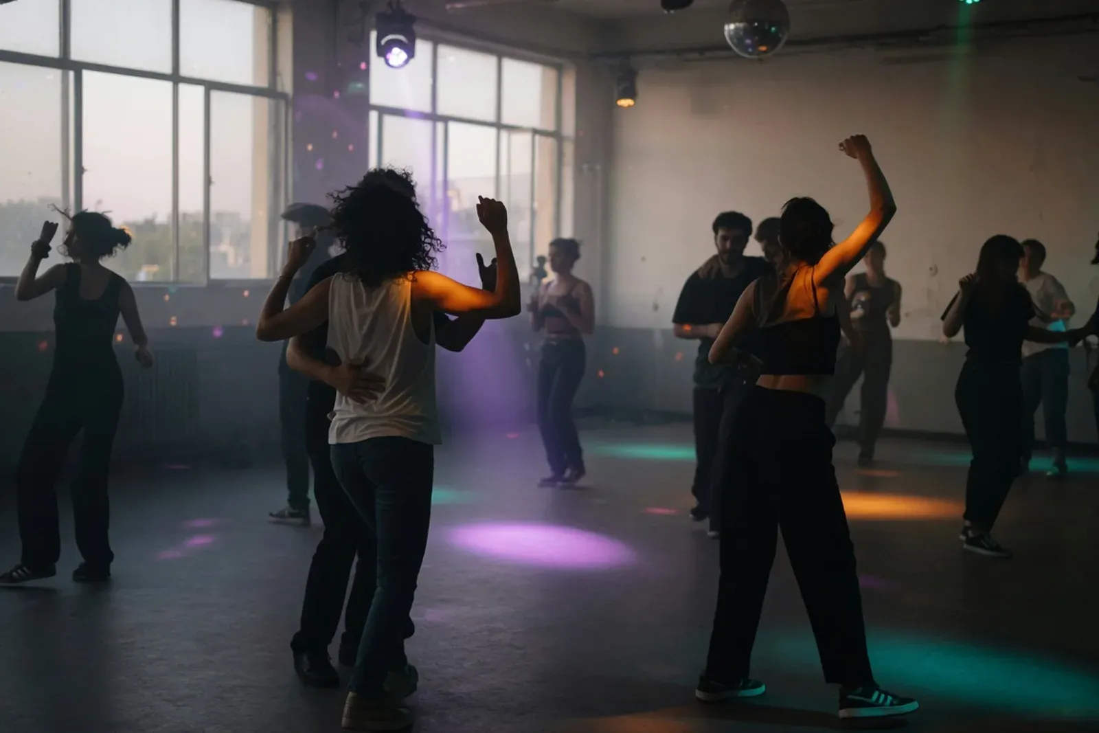 Piste de danse d'un club, lumières colorées et silhouettes de danseurs.