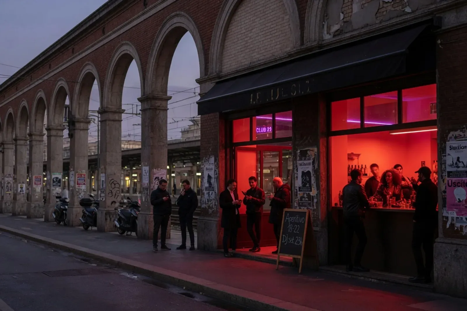 Devanture d'un bar-discothèque derrière la gare de Milan, un soir de week-end : lumière rouge à l'intérieur, silhouettes près du comptoir, rue bordée d'arcades ferroviaires.