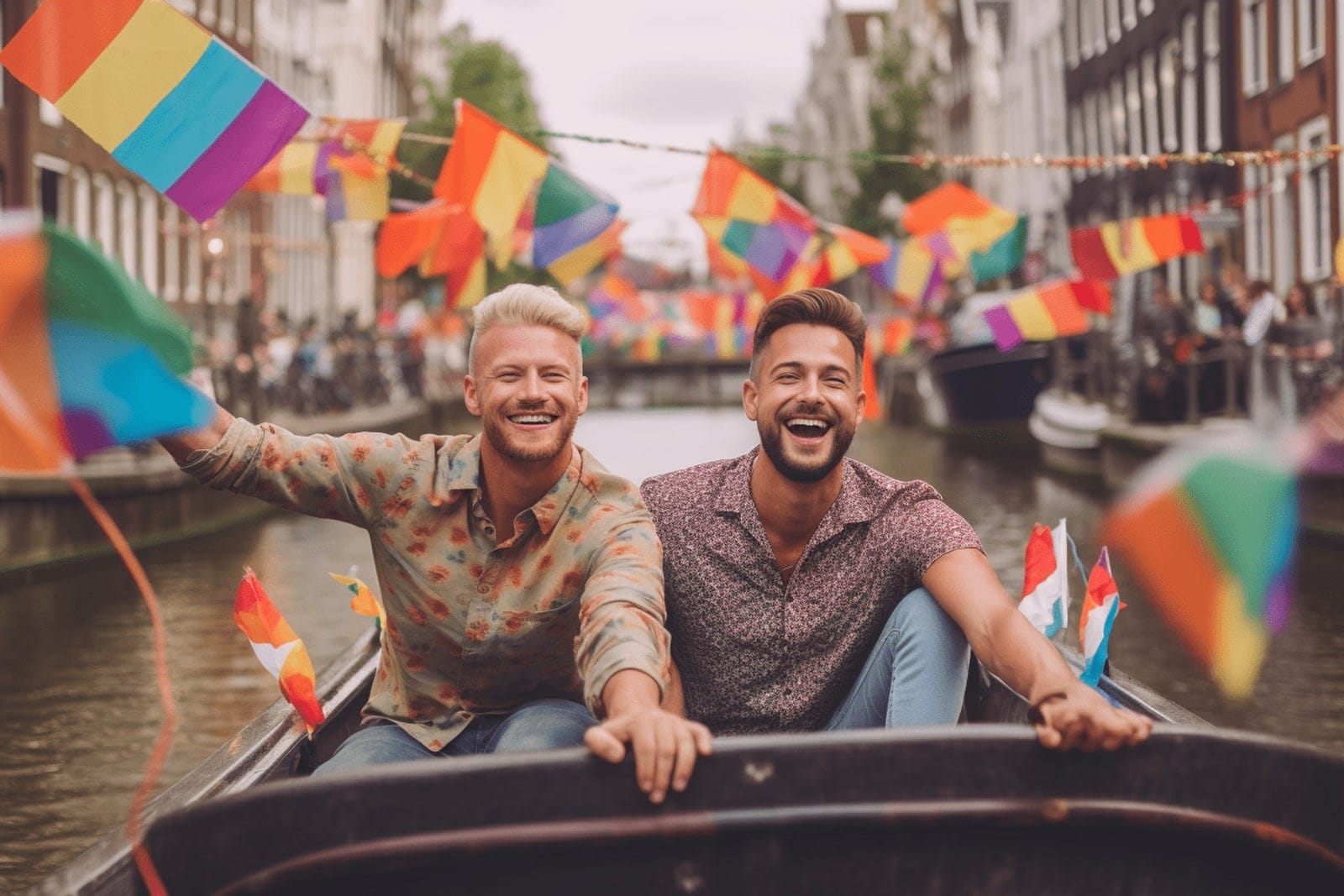 Bateaux décorés et drapeaux arc-en-ciel sur un canal d'Amsterdam pendant la Canal Parade.