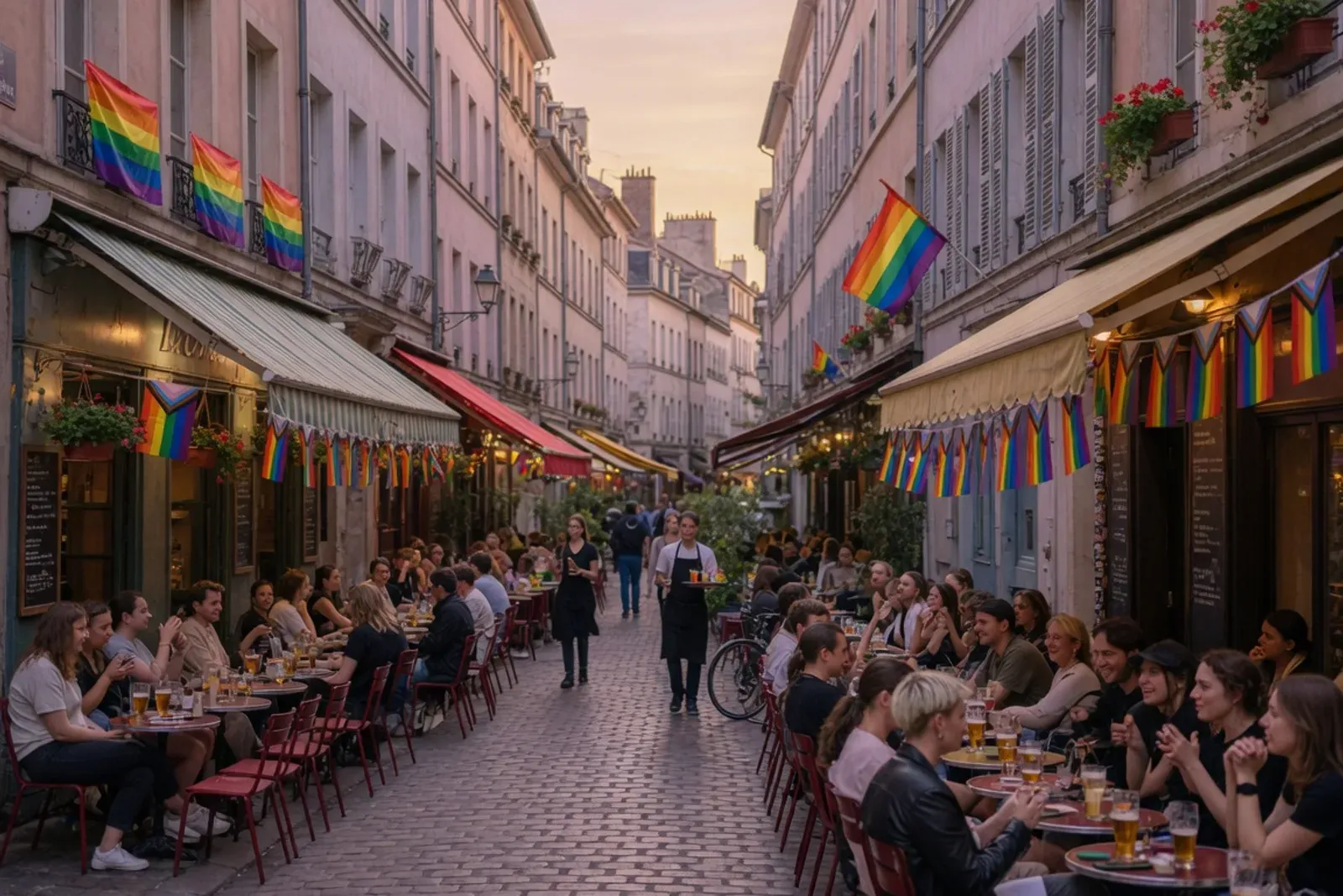 Ruelle animée d'une ville européenne en fin de journée, terrasses de bars pleines, drapeaux arc-en-ciel accrochés aux façades.