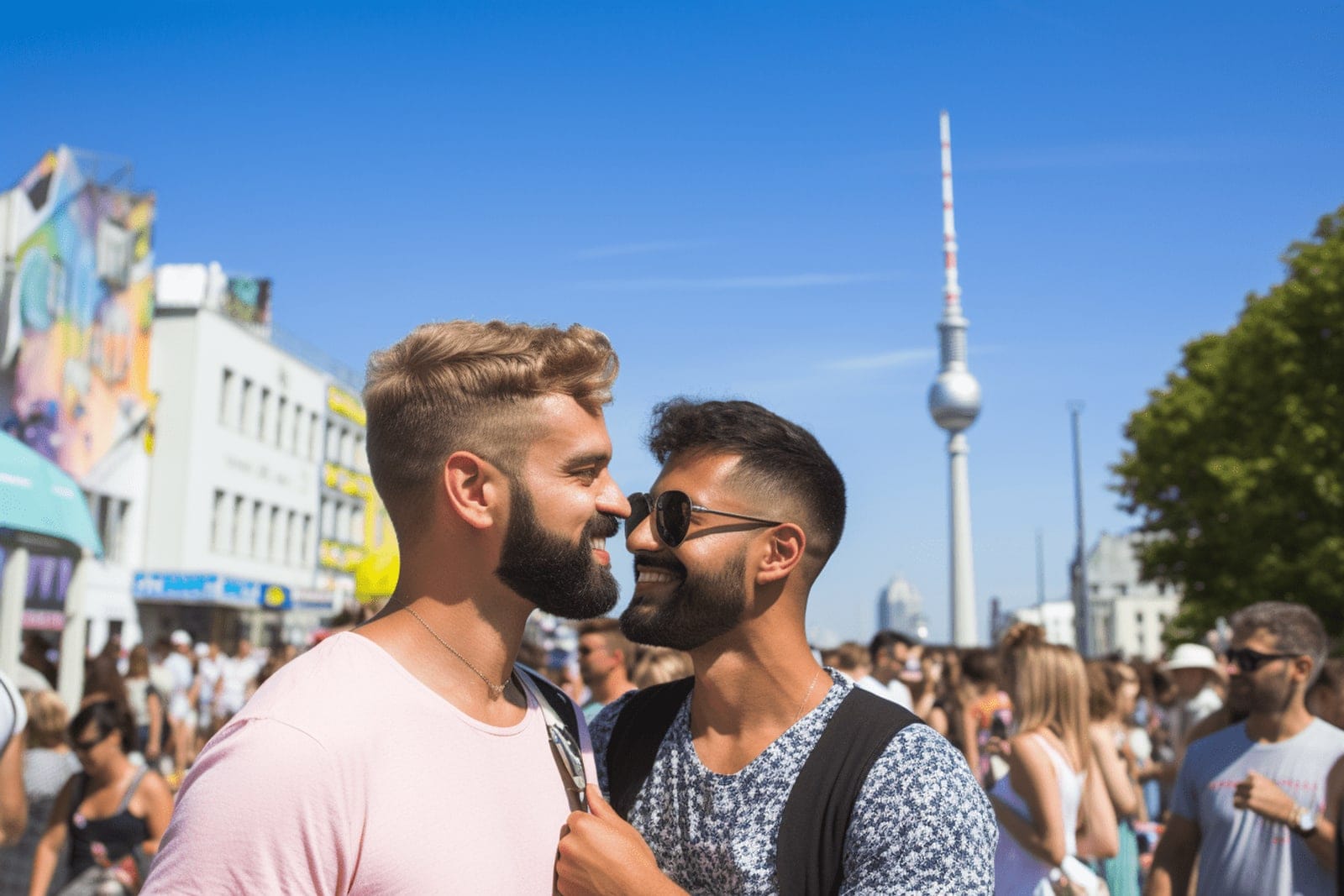 Rue berlinoise animée dans un quartier queer, façades et terrasses de bars en soirée.