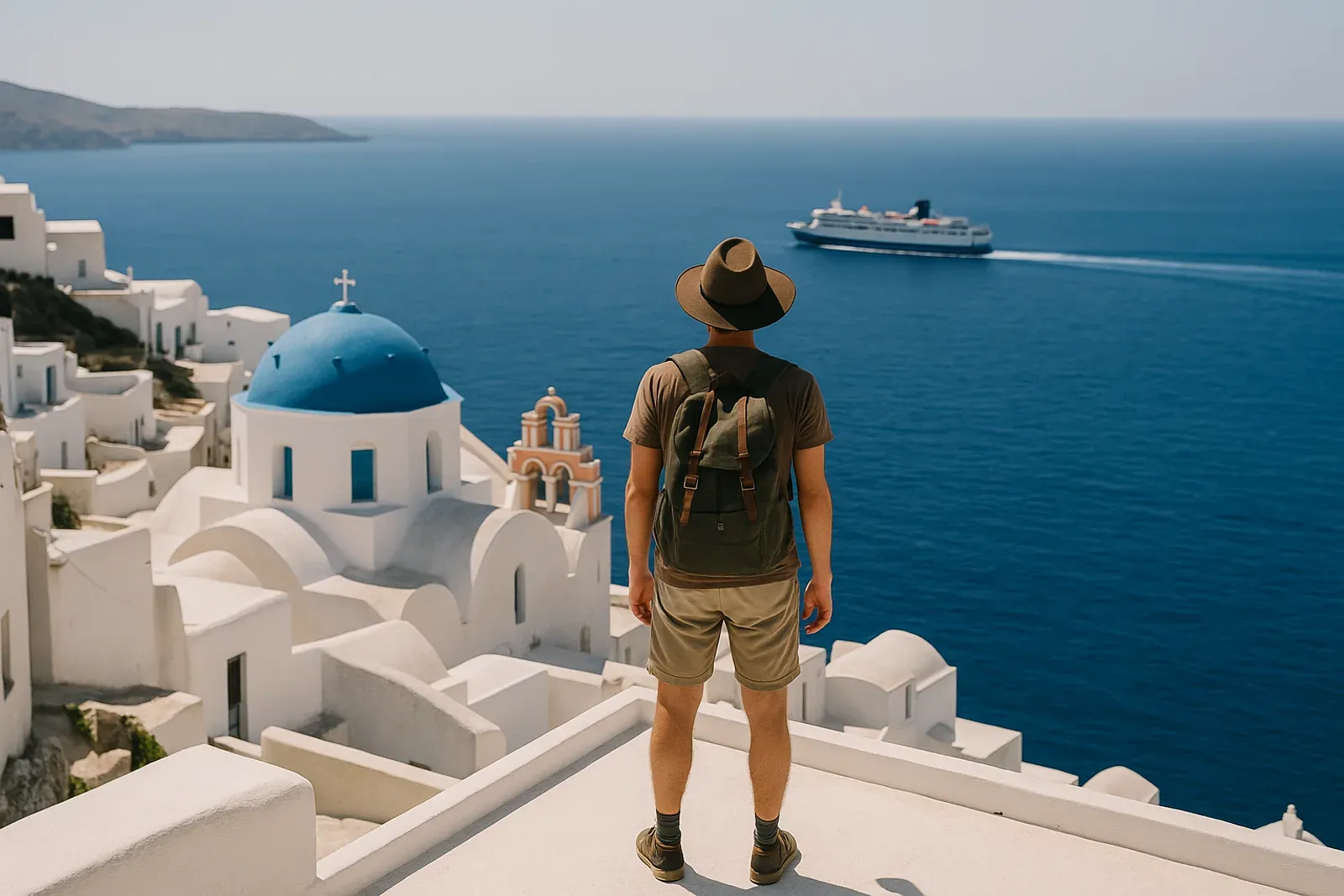 Maisons blanches et mer bleue des Cyclades, avec un ferry au loin : le décor avec un voyageur solo qui se réinvente au fil des îles.