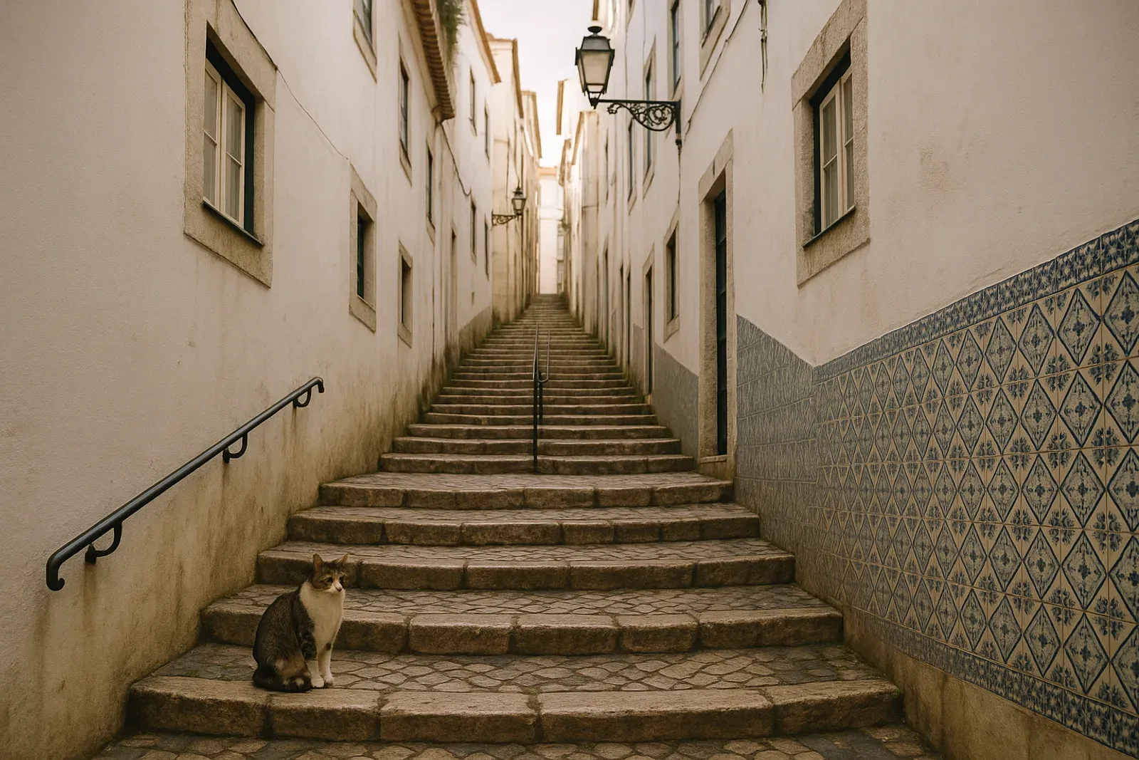 Escalier étroit d'Alfama tôt le matin, marches usées, murs blancs et azulejos, un chat assis sur une marche, personne d'autre dans la ruelle.