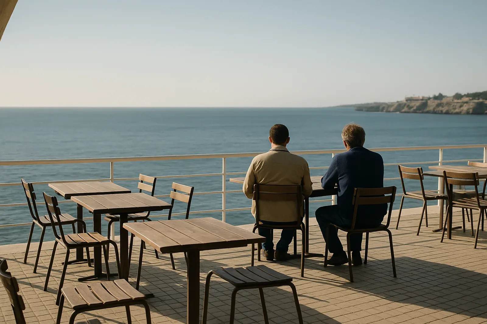 Terrasse de café dominant l'océan à Cascais, tables en bois, deux hommes attablés de dos regardant l'horizon, lumière de fin de matinée.