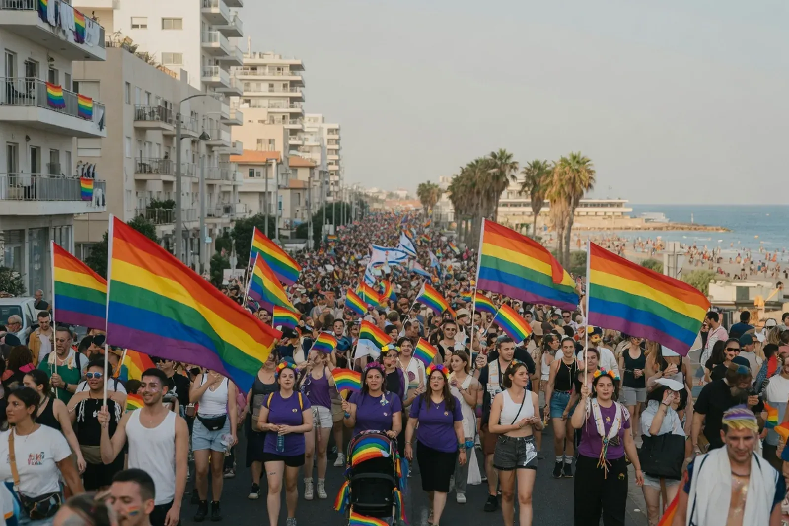 Foule dense avec drapeaux arc-en-ciel défilant dans une avenue de Tel Aviv vers le bord de mer, un vendredi de juin.