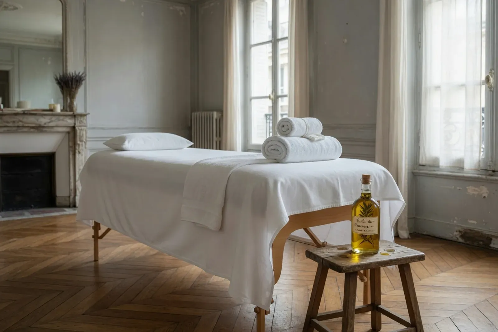 Table de massage dressée avec serviettes blanches dans une pièce parisienne au parquet ancien, lumière tamisée, flacon d'huile posé sur un tabouret.