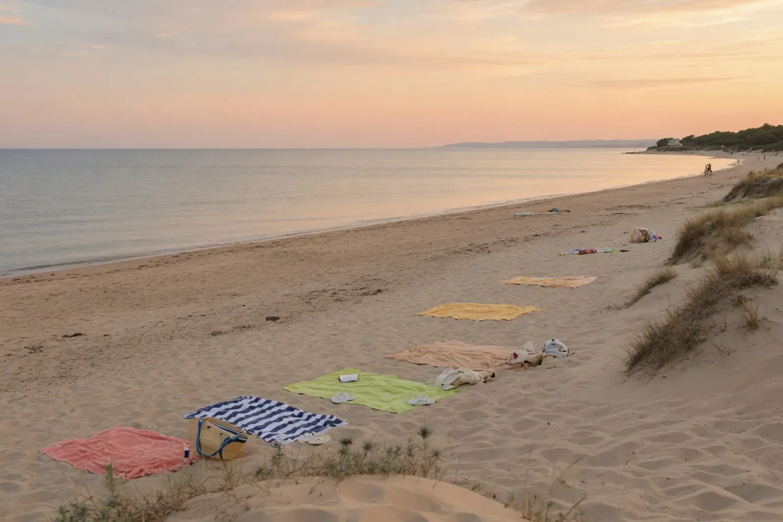 Longue plage de sable et dunes basses du littoral héraultais en fin d'après-midi, serviettes éparses et mer calme, sans visage reconnaissable.