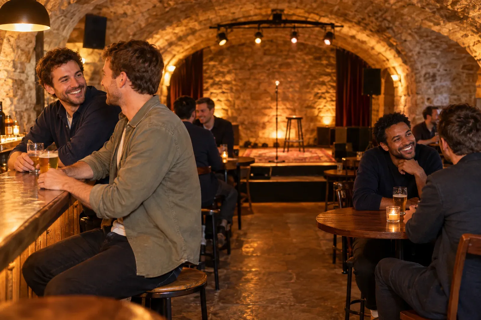 Intérieur de bar en cave voûtée de pierre, petite scène vide et comptoir, lumière chaude et tamisée, aucune enseigne.