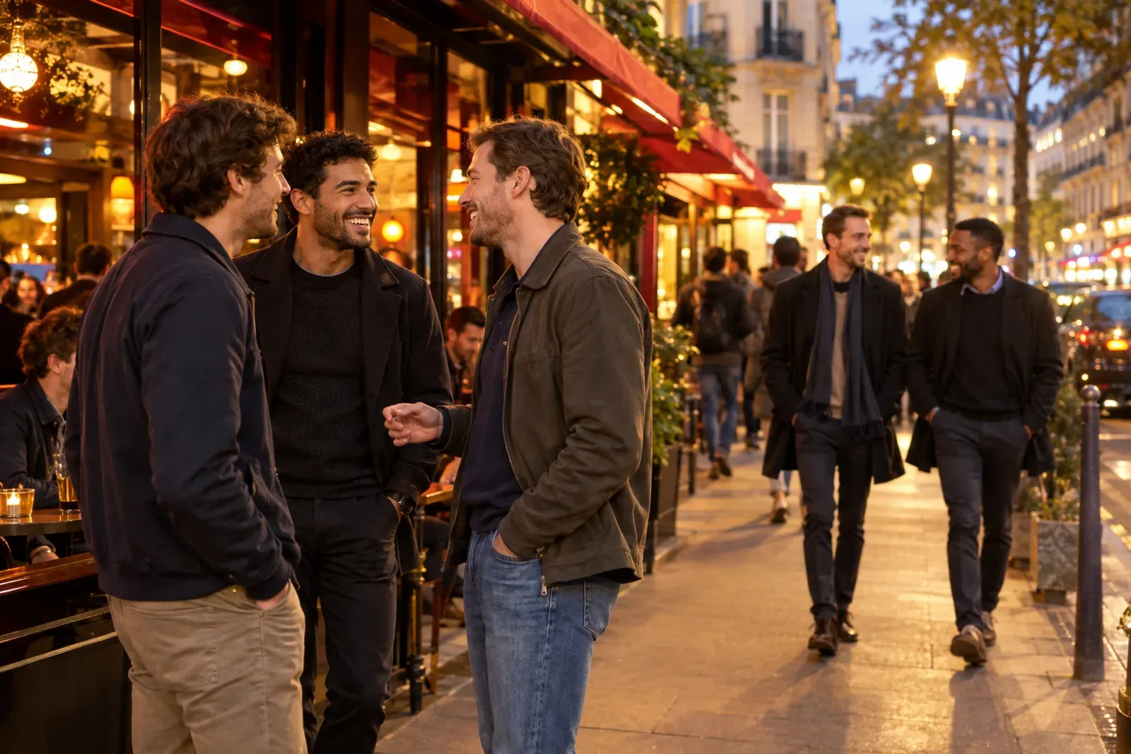 Soirée dans une rue parisienne, passants sur le trottoir et devantures de bars éclairées.