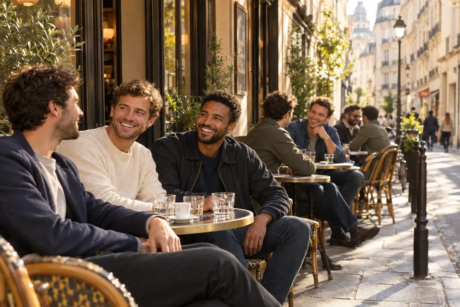 Tables de terrasse alignées contre les façades d'une rue étroite du centre de Paris.
