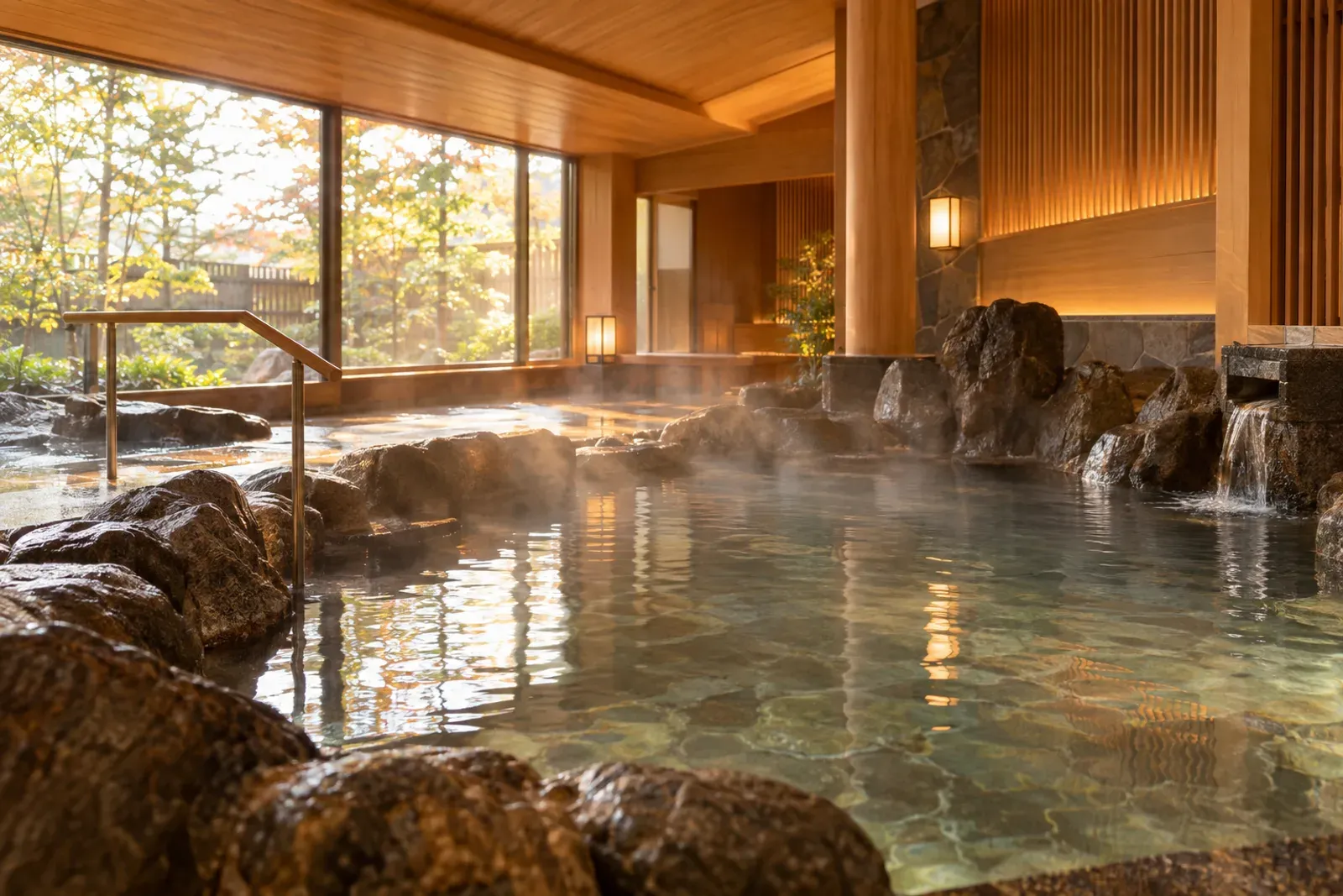 Intérieur d’un onsen contemporain : bains de pierre, vapeur légère, lumière basse, aucun flacon ni marque.