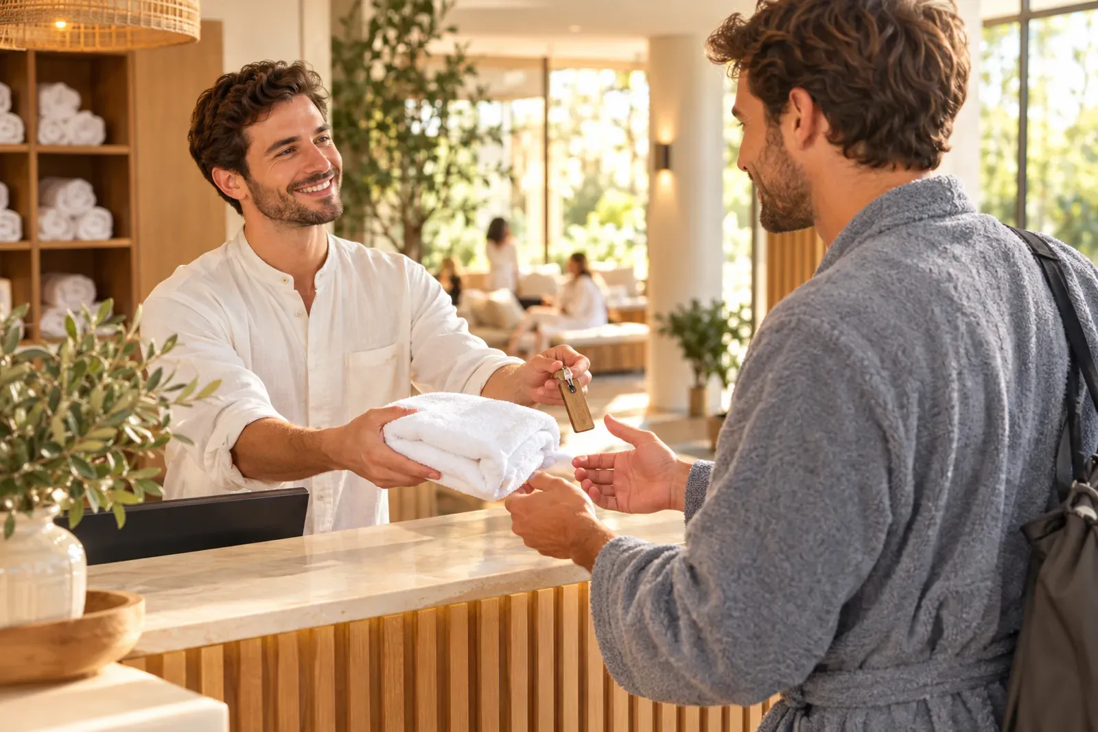 À l’accueil d’un sauna clair et chaleureux, un hôte souriant tend une serviette et une clé de casier à un client.