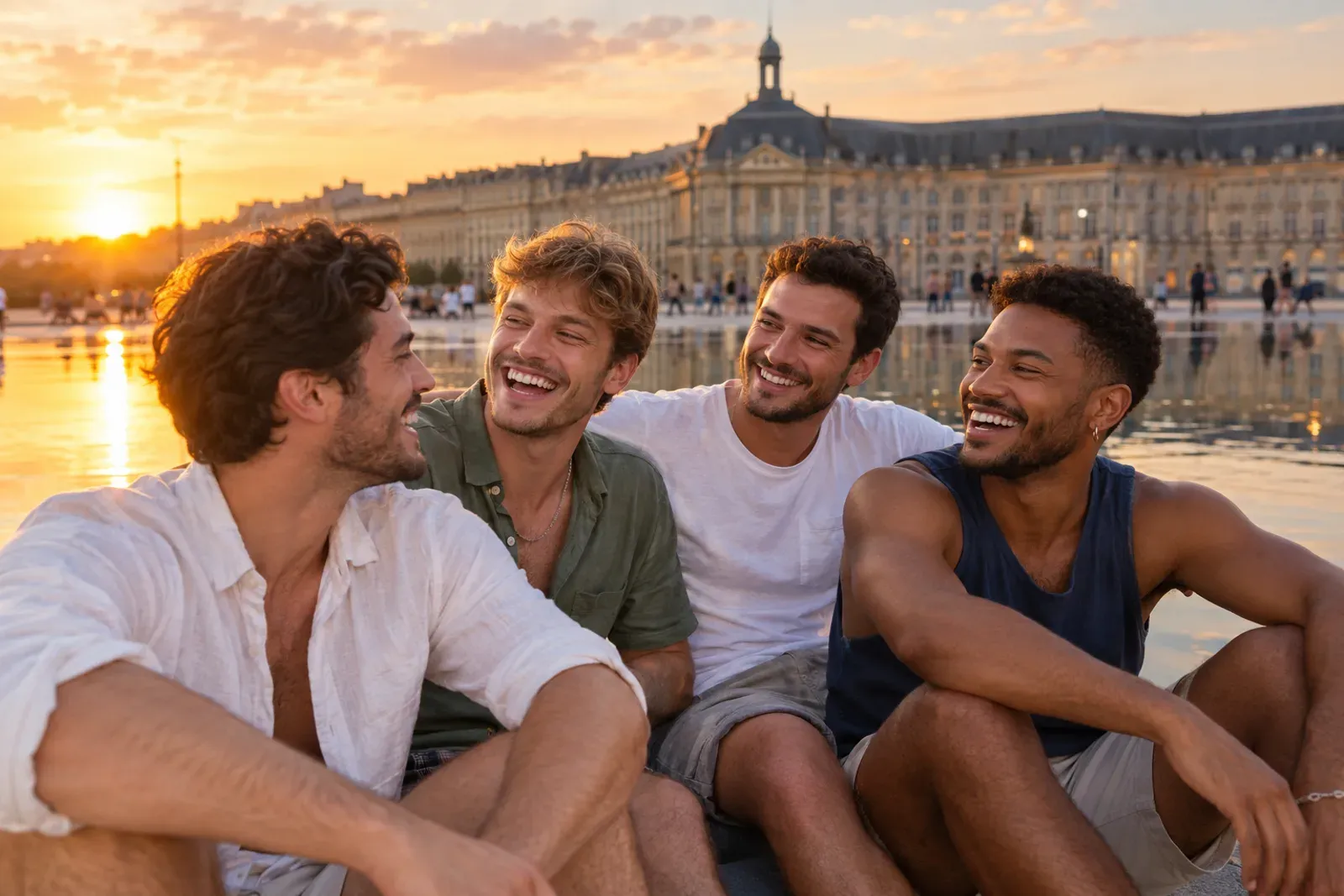 Quatre amis rient au bord du Miroir d’eau, place de la Bourse, au coucher du soleil.