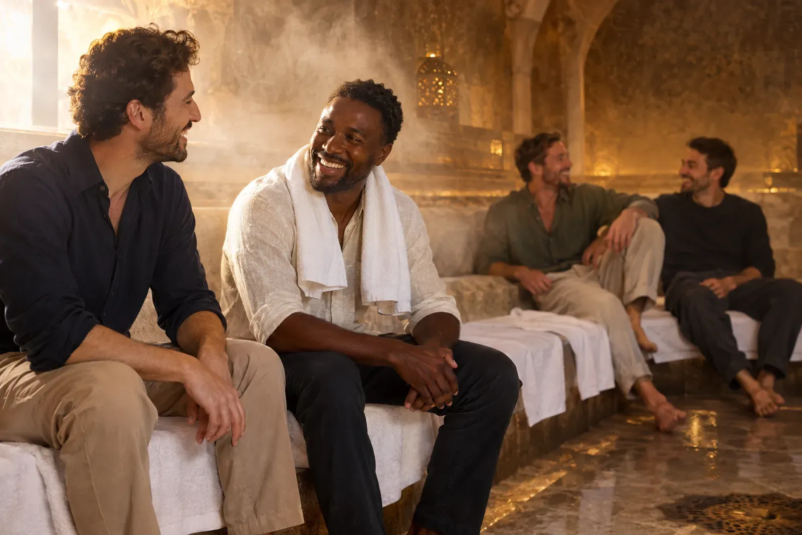 Salle de hammam dans une lumière basse, vapeur le long des murs de pierre, bancs couverts de serviettes blanches, sans flacon ni marque.