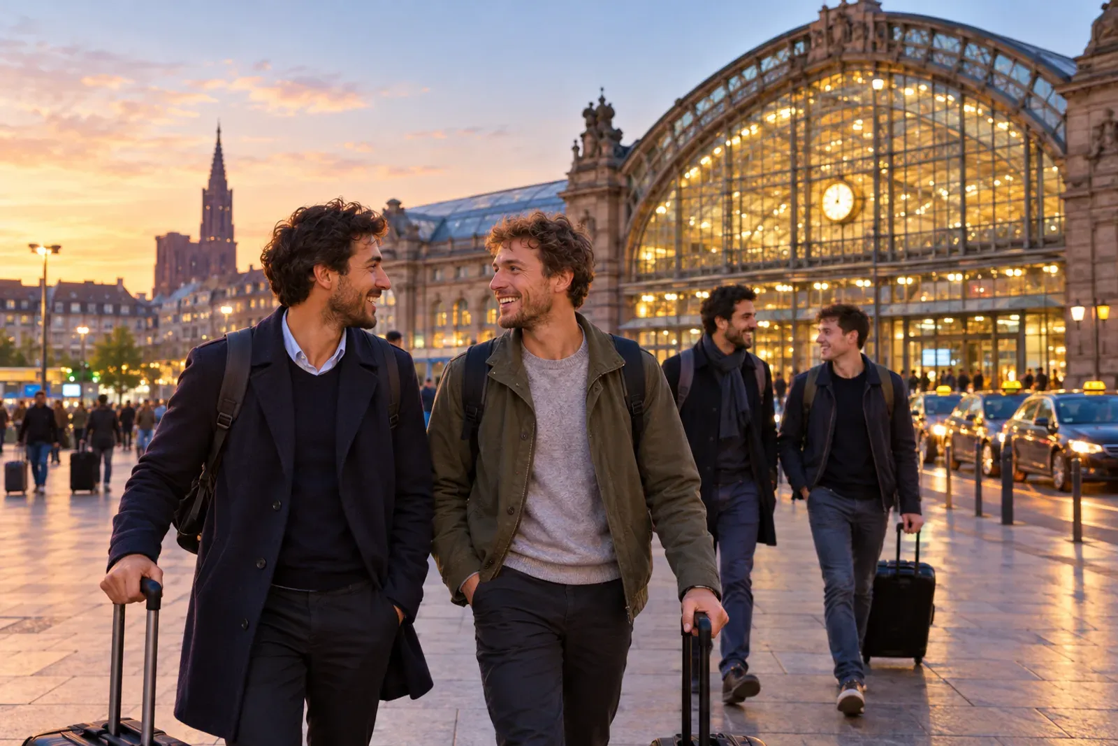 Parvis de la gare de Strasbourg au crépuscule, verrière éclairée, quelques silhouettes et valises, taxis en attente, ciel encore clair.