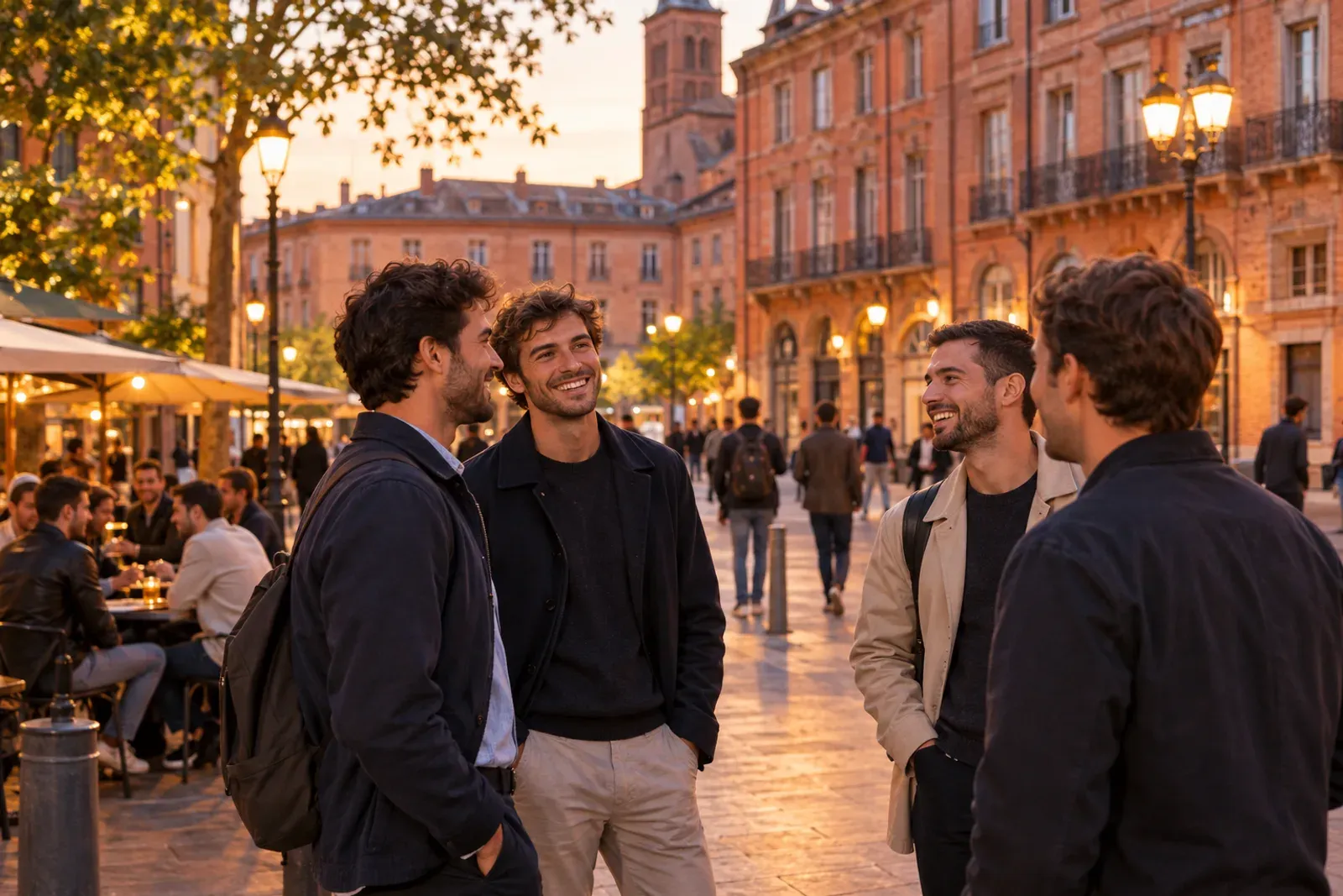 Petite place toulousaine le soir, immeubles de brique rose, lampadaires allumés, passants, sans enseigne lisible.