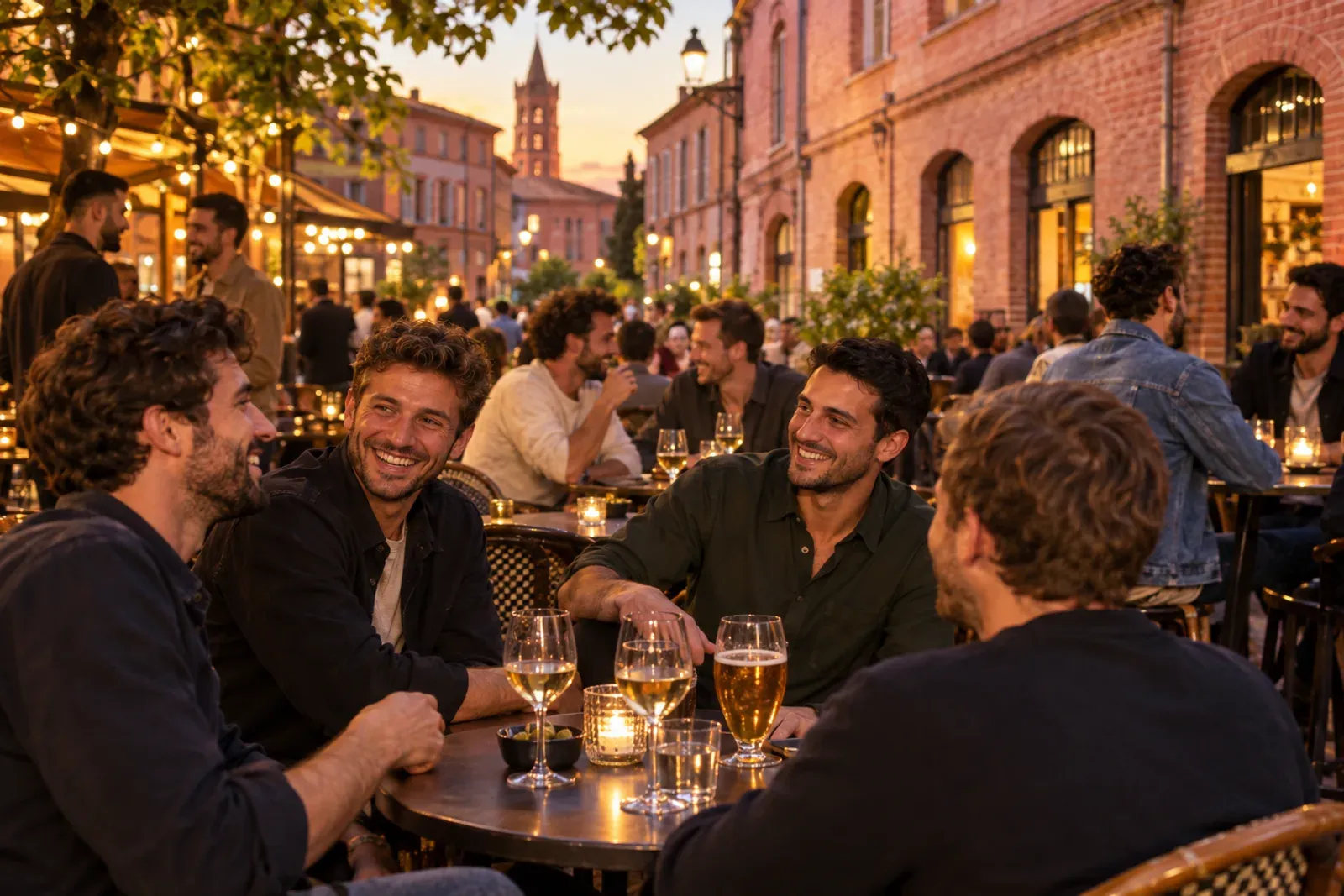 Terrasse de bar en soirée dans une rue de brique rose à Toulouse, verres sur les tables, lumière chaude, clientèle mêlée.