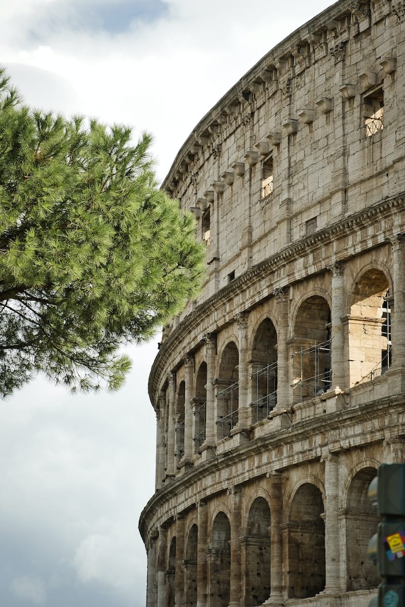 a large stone building with a tree in front of it