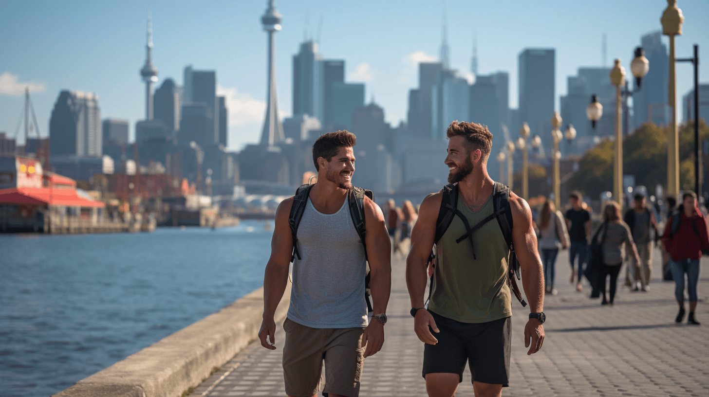 Deux hommes marchant sur une promenade avec un horizon de la ville en arrière-plan.