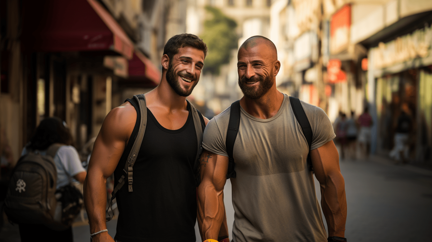 Deux hommes marchant dans une rue de Paris.