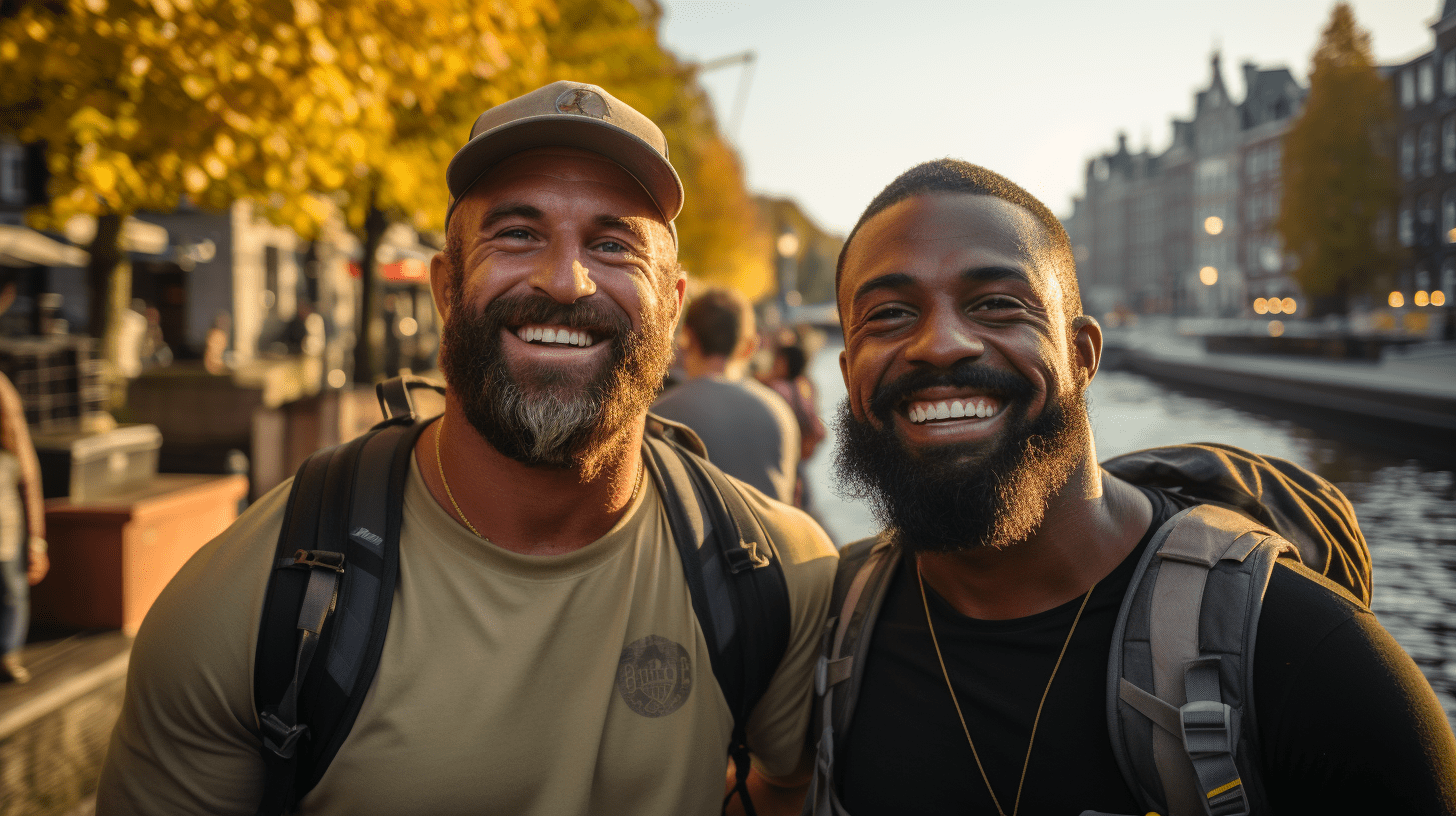 Deux guides gays profitant de l'automne devant un canal à Amsterdam.