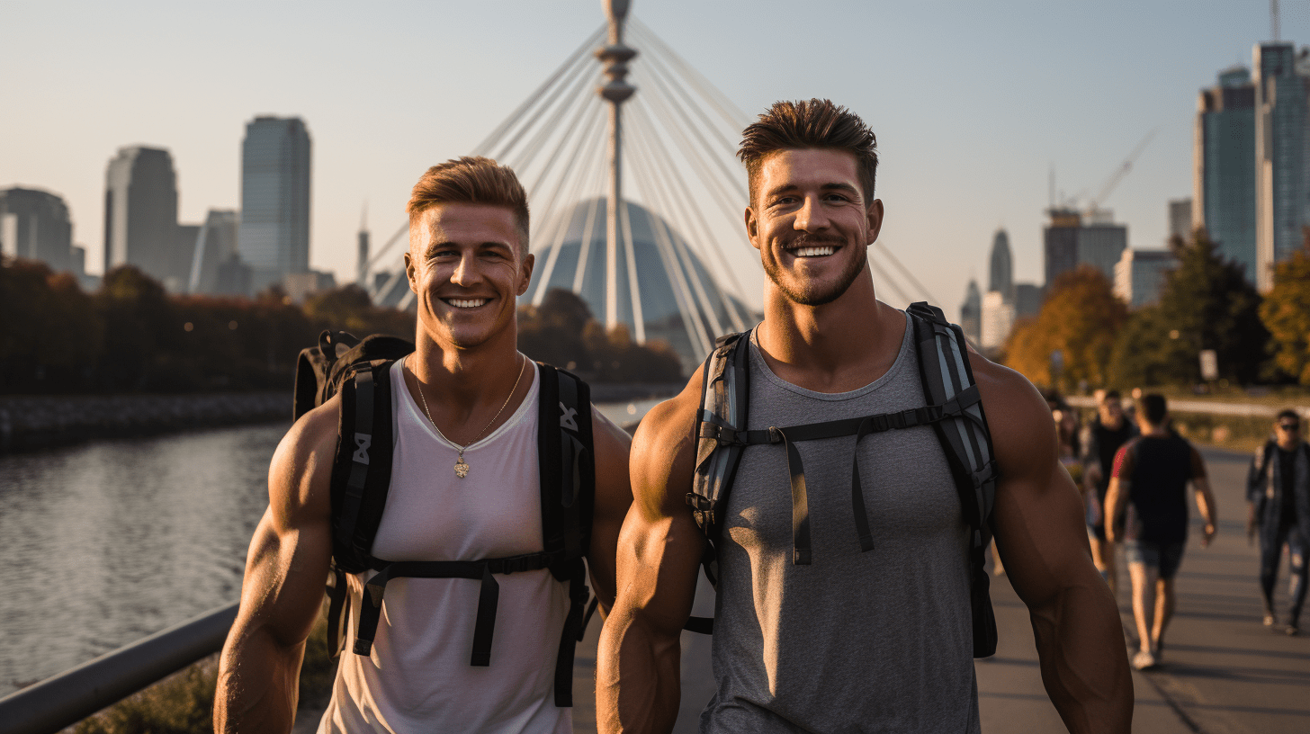 Deux hommes avec des sacs à dos marchant dans une rue de la ville de Vancouver en automne.