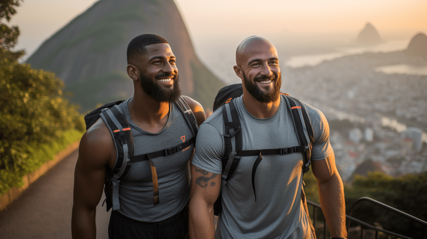 Deux hommes homosexuels avec des sacs à dos sur un sentier de randonnée à Rio de Janeiro, au Brésil, en automne.