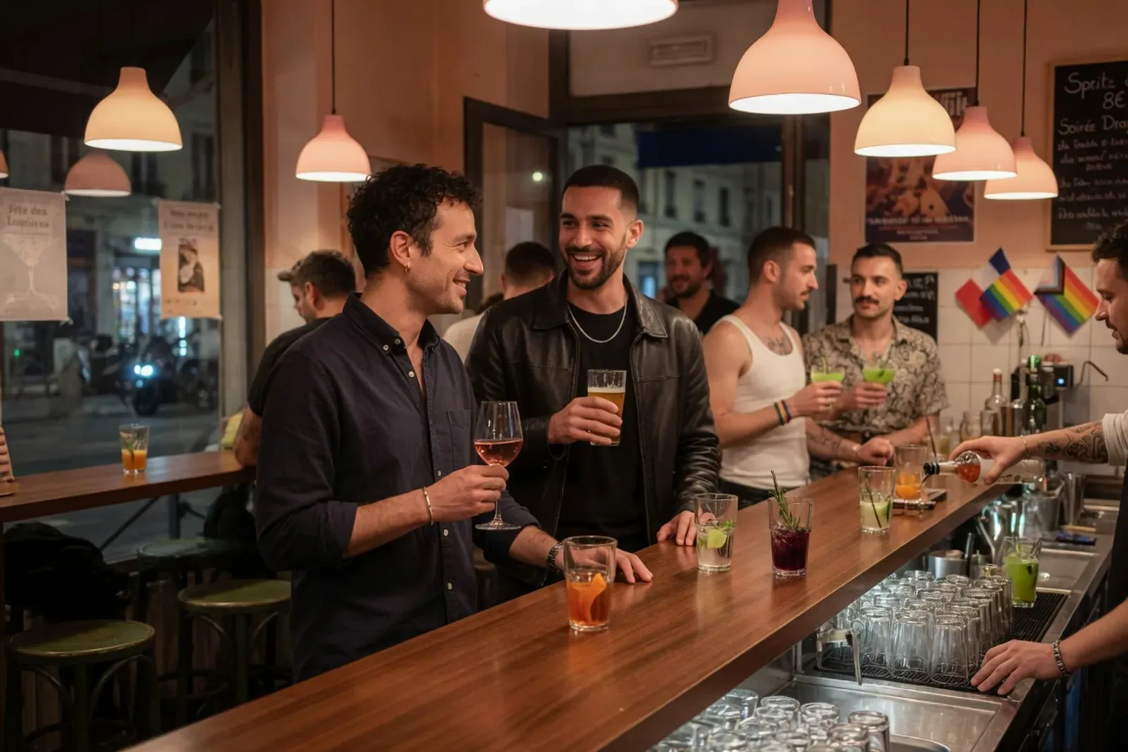 Ambiance de bar gay lyonnais en soirée, comptoir éclairé et clients en discussion.