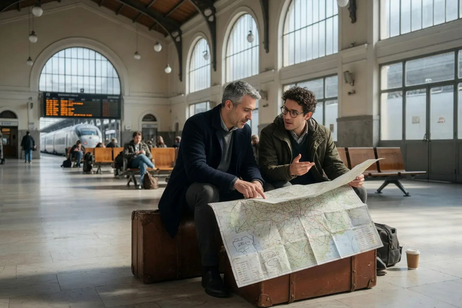 Deux hommes assis sur une valise dans un hall de gare lumineux, carte dépliée sur les genoux, discutant de leur itinéraire.