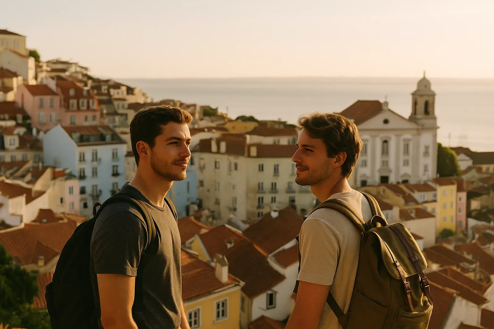 Vue de Lisbonne au soleil bas, toits en tuiles et façades colorées descendant vers le Tage. avec 2 gars touriste handsome