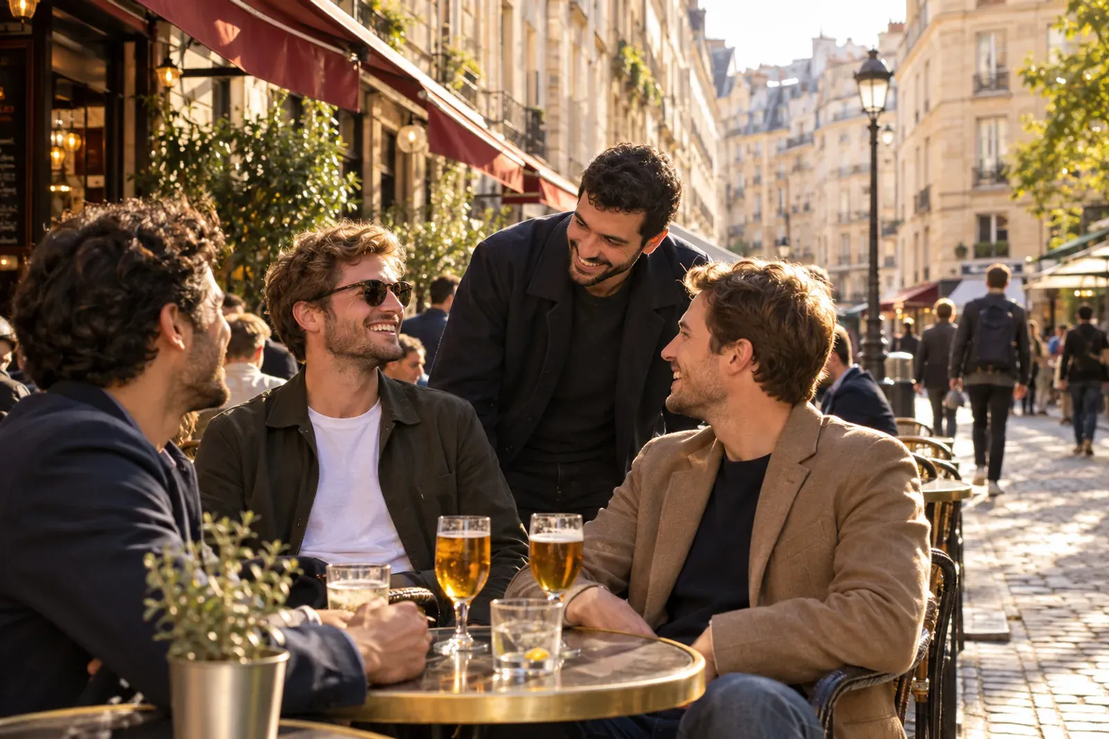 Rue du Marais à Paris, immeubles en pierre et terrasses de café, lumière de fin d'après-midi.