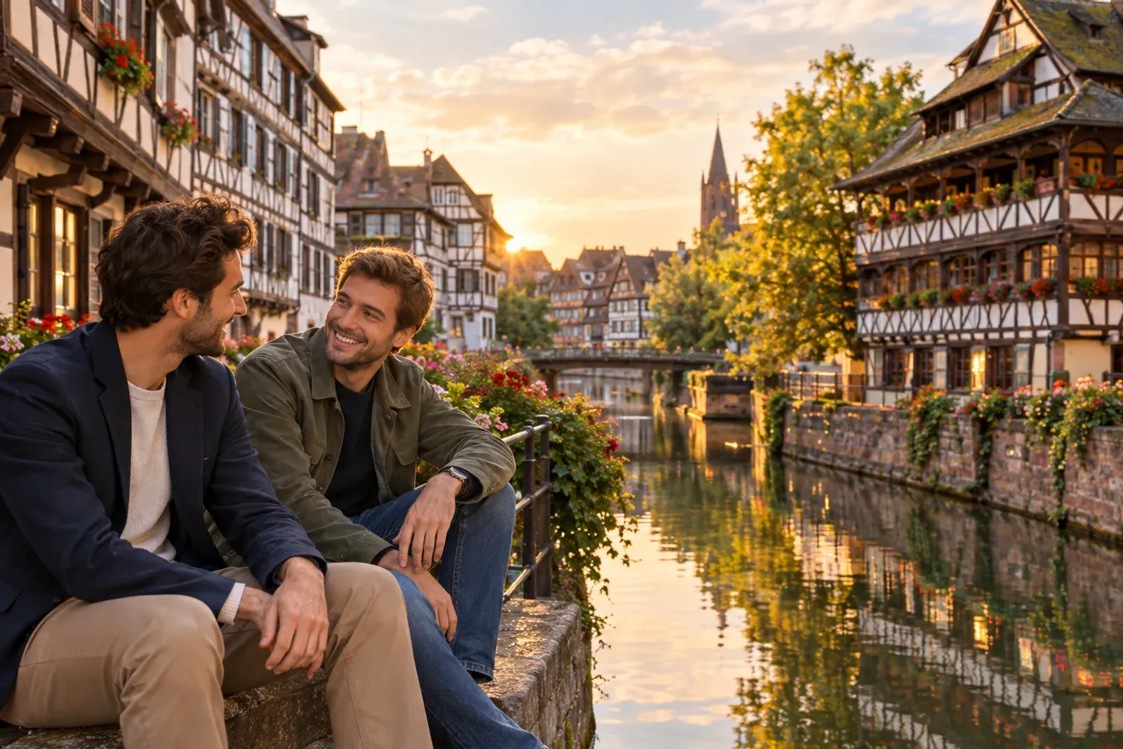 Maisons à colombages et canaux de la Petite France à Strasbourg, fin d'après-midi, eau calme et façades éclairées, sans passant identifiable.