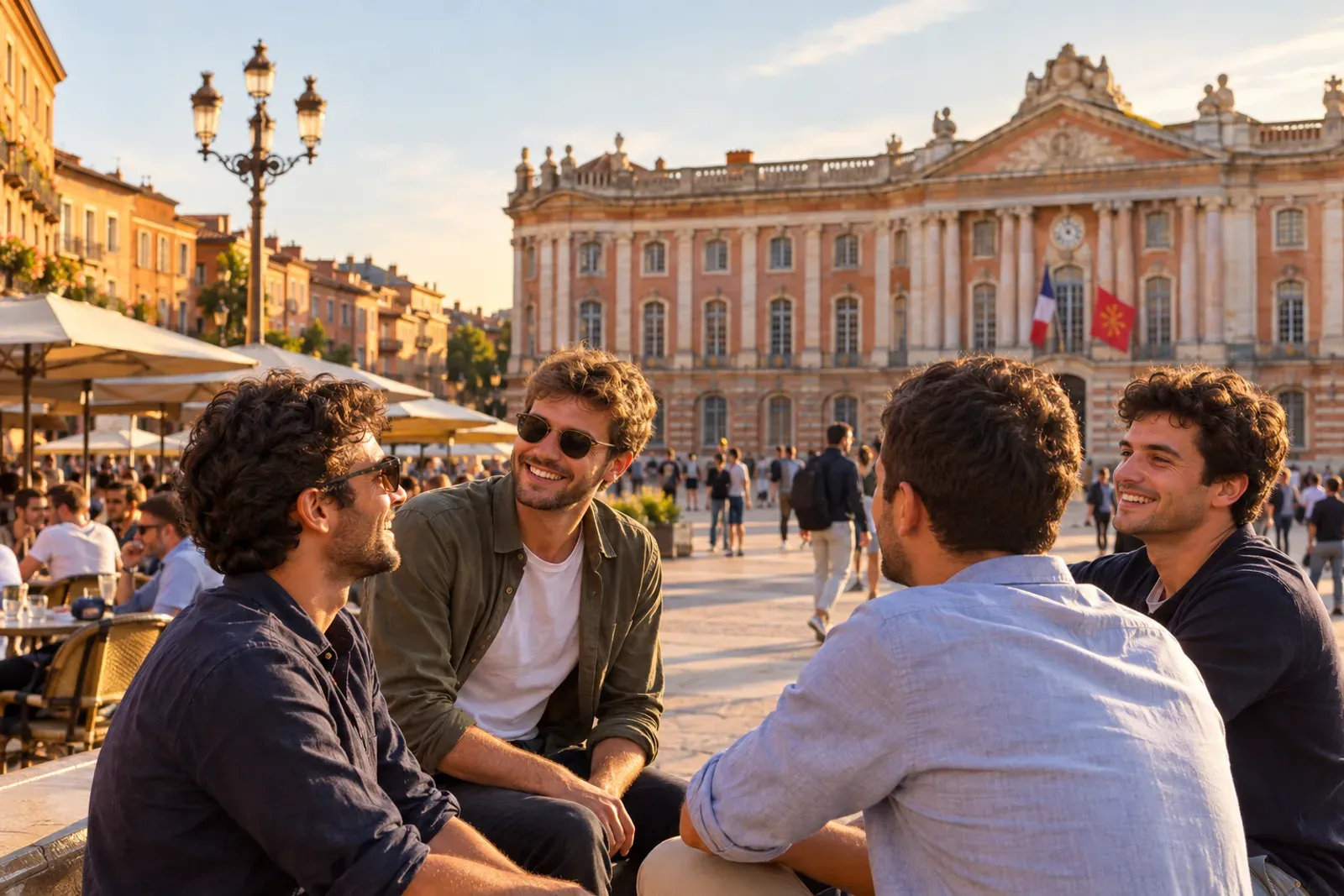 Place du Capitole à Toulouse en fin d'après-midi, façades de brique rose et terrasses, ciel clair du Sud-Ouest.