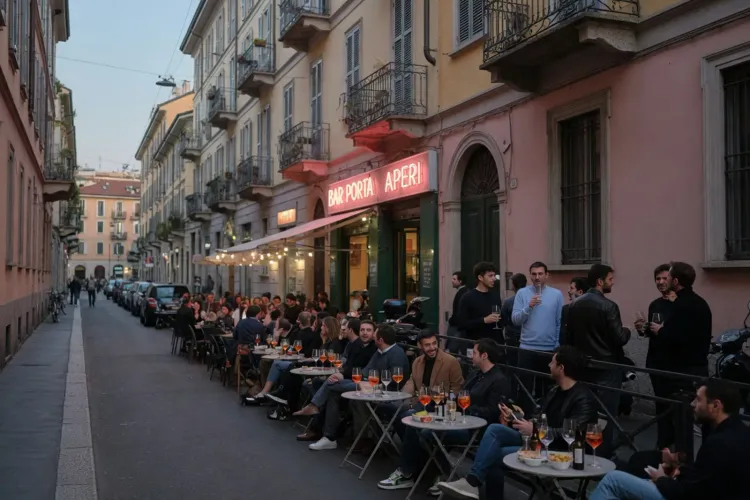 Une rue étroite de Porta Venezia en début de soirée : terrasses pleines, verres à la main, groupes d'hommes debout sur le trottoir