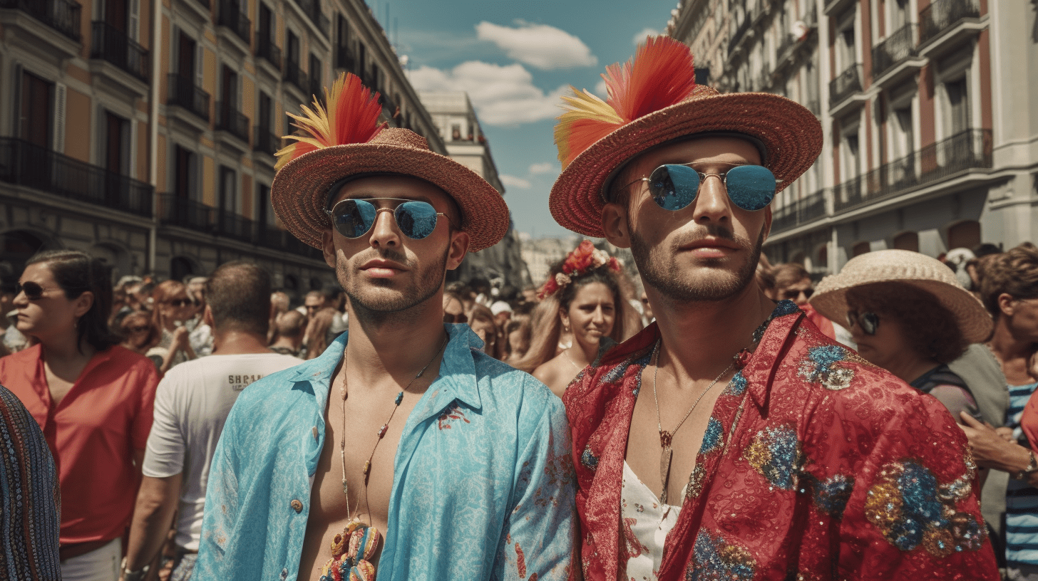 Deux hommes portant des chapeaux colorés et des lunettes de soleil dans une rue animée.