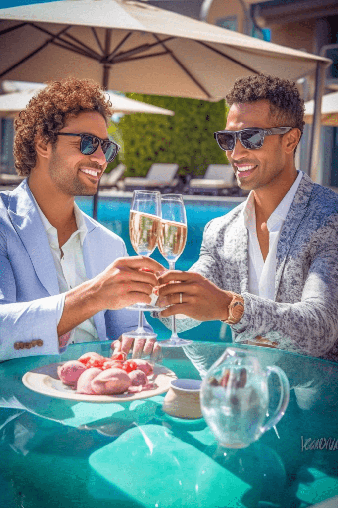 Deux messieurs célèbrent avec du champagne à une table en plein air.