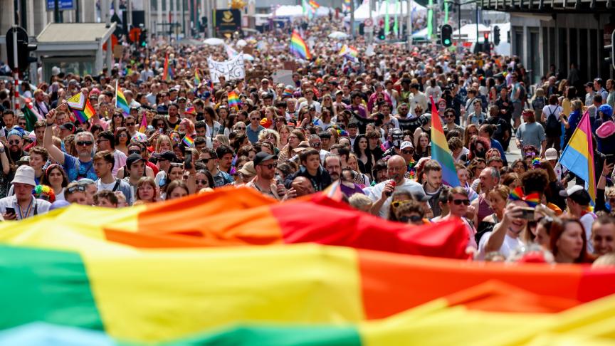Une foule de personnes marchant dans une rue avec des drapeaux arc-en-ciel à Bruxelles Pride 2023.
