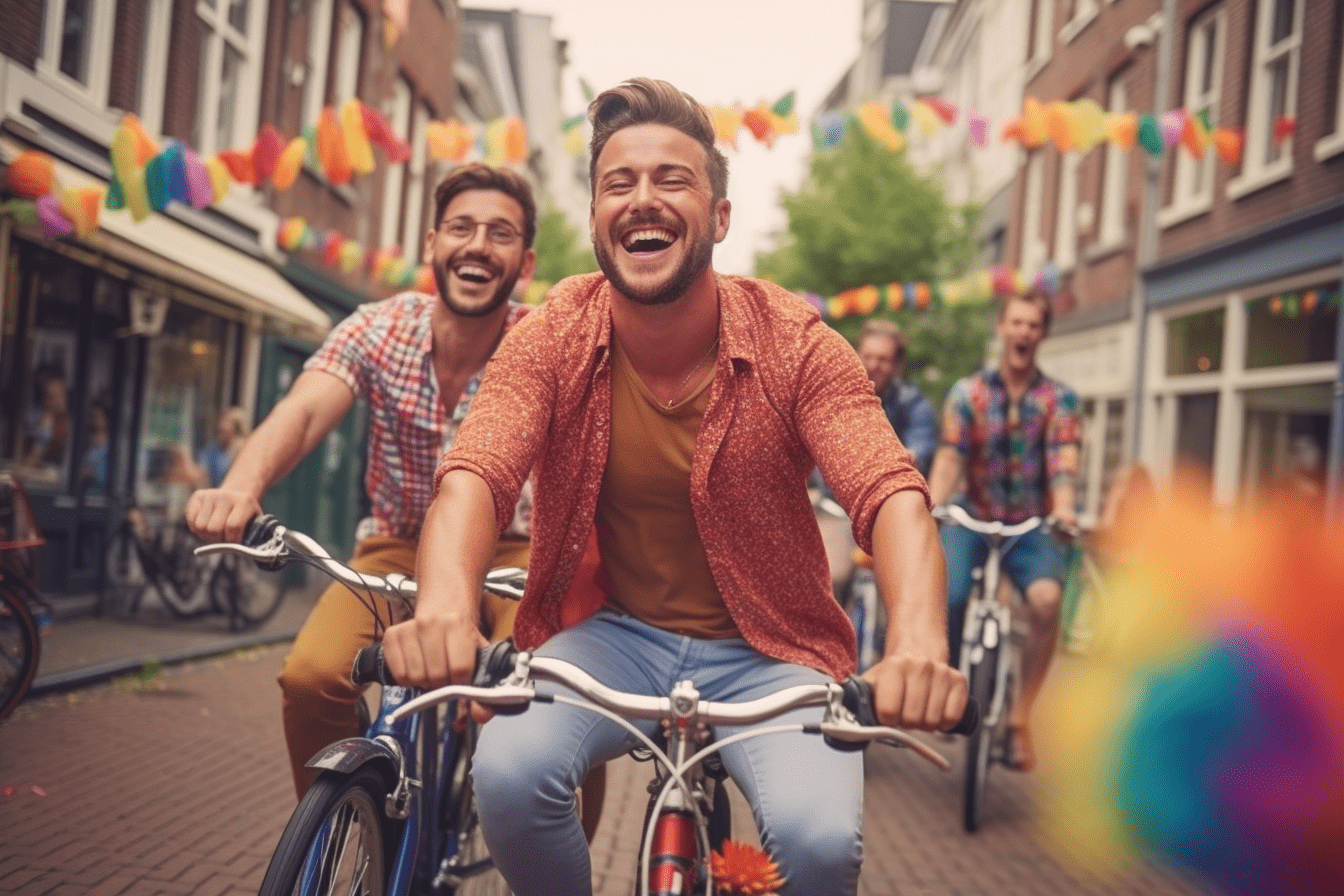 Un groupe d'hommes à vélo à travers Amsterdam.