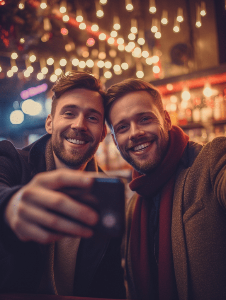 Deux hommes capturant un moment de voyage gay dans un bar.