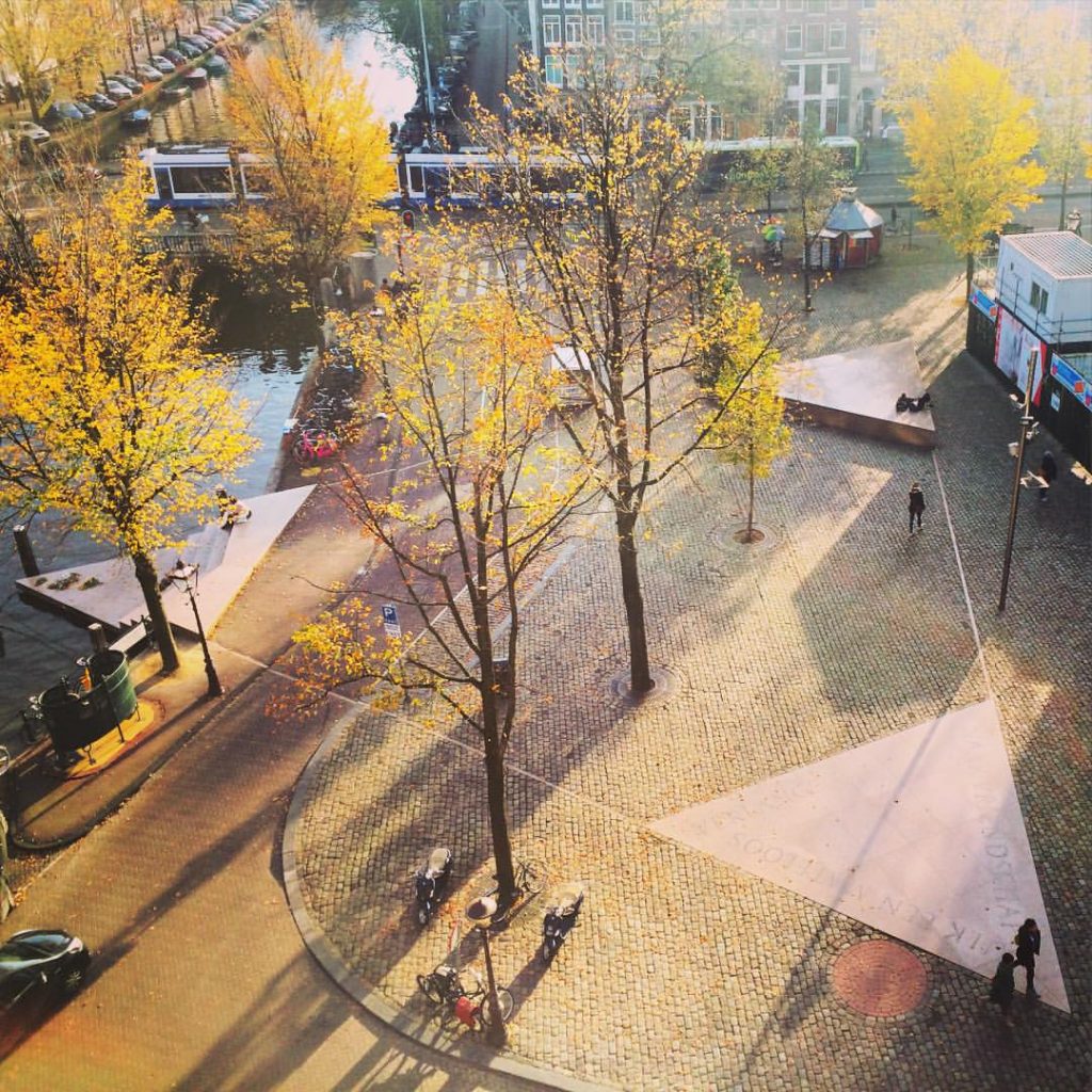 Guide de voyage à Amsterdam avec des vues aériennes d'un parc rempli d'arbres.
