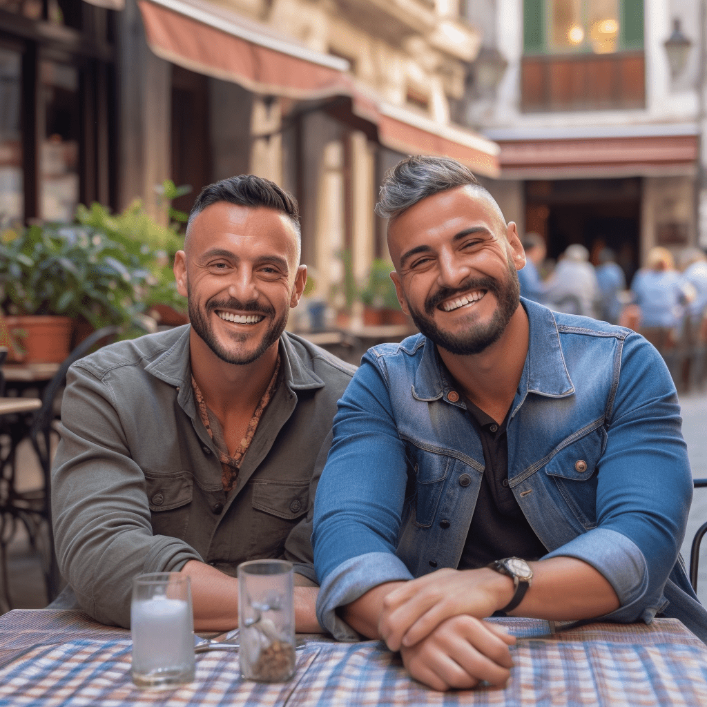 Deux gays s'amusent dans un café milanais.