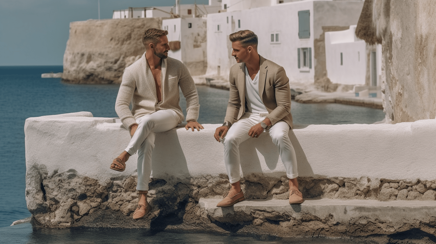 Deux homosexuels profitant ensemble d'une vue pittoresque sur le front de mer.