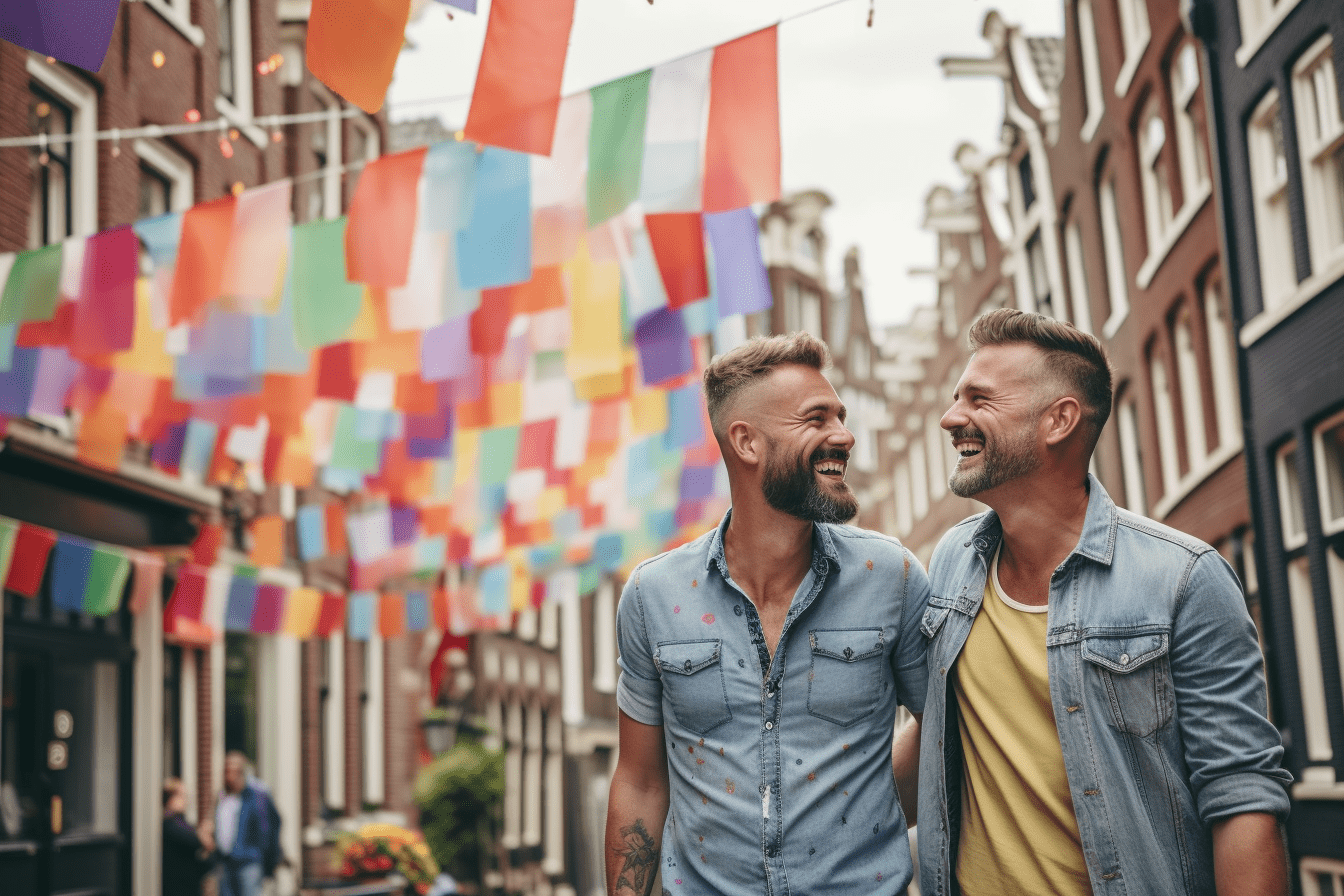Deux hommes gays profitant de la scène gay animée d'Amsterdam et des célébrations de la fierté, posant fièrement devant un drapeau arc-en-ciel.