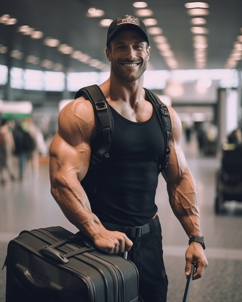 Un bodybuilder masculin voyageant légèrement avec une valise dans un aéroport.