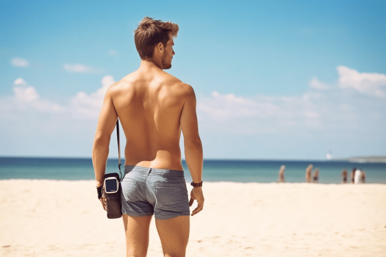 Un homme voyageant léger sur la plage avec un appareil photo.