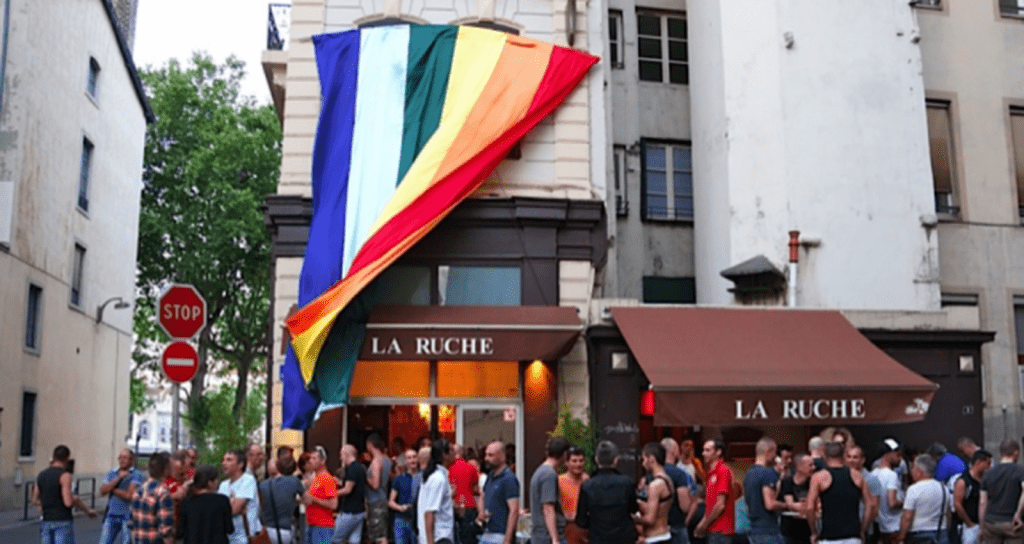 Un groupe de personnes debout à l'extérieur d'un restaurant à Lyon, arborant fièrement un drapeau arc-en-ciel.