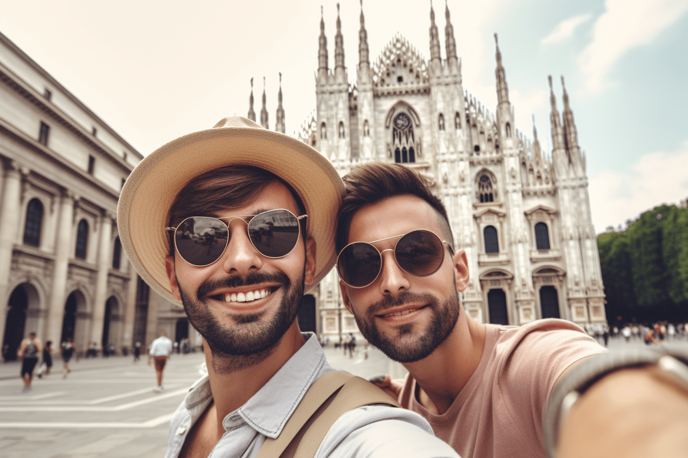 Deux hommes prenant un selfie devant une cathédrale dans le Guide de voyage gay à Milan.