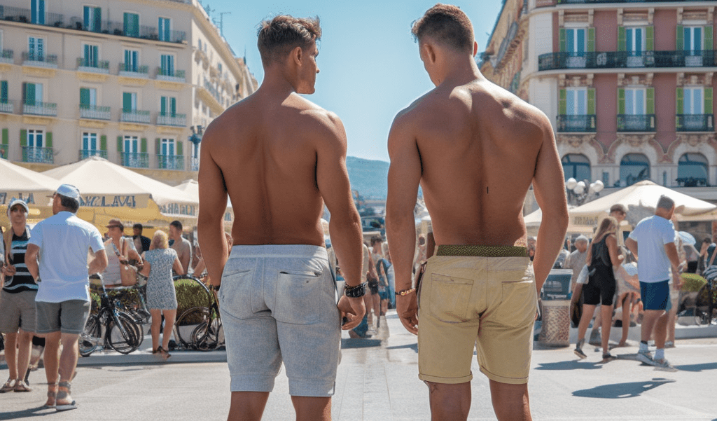 Deux hommes en short rose debout dans une rue de la ville lors d'une Nice Gay Parade.