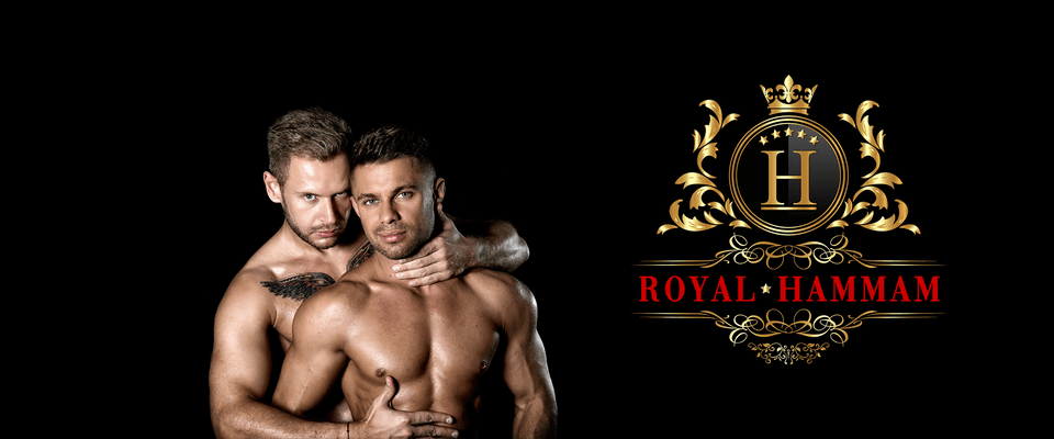 Le logo du hammam royal avec deux hommes devant un fond noir, parfait pour le guide de voyage gay à Milan.
