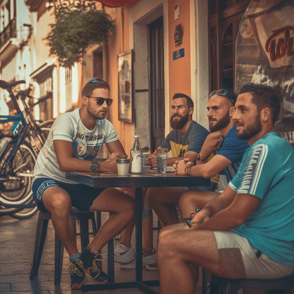 Un groupe d'hommes assis à une table dans les meilleurs bars à tapas de Madrid.